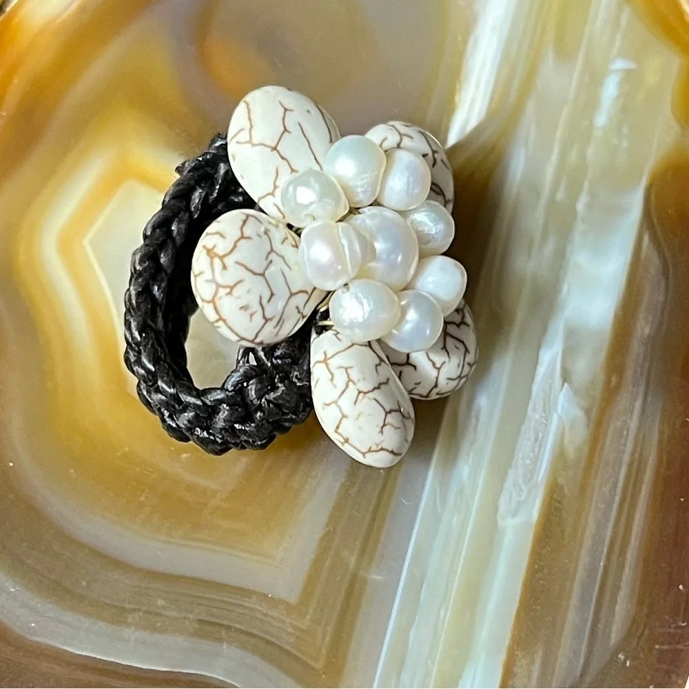 White Howlite/ Pearl Beaded Flower Braided Band Handmade Ring